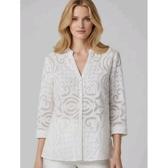 The Territory Ahead Tops - The Territory Ahead White Burnout 100%Cotton 3/4 Sleeve Blouse Top‎ M Medium